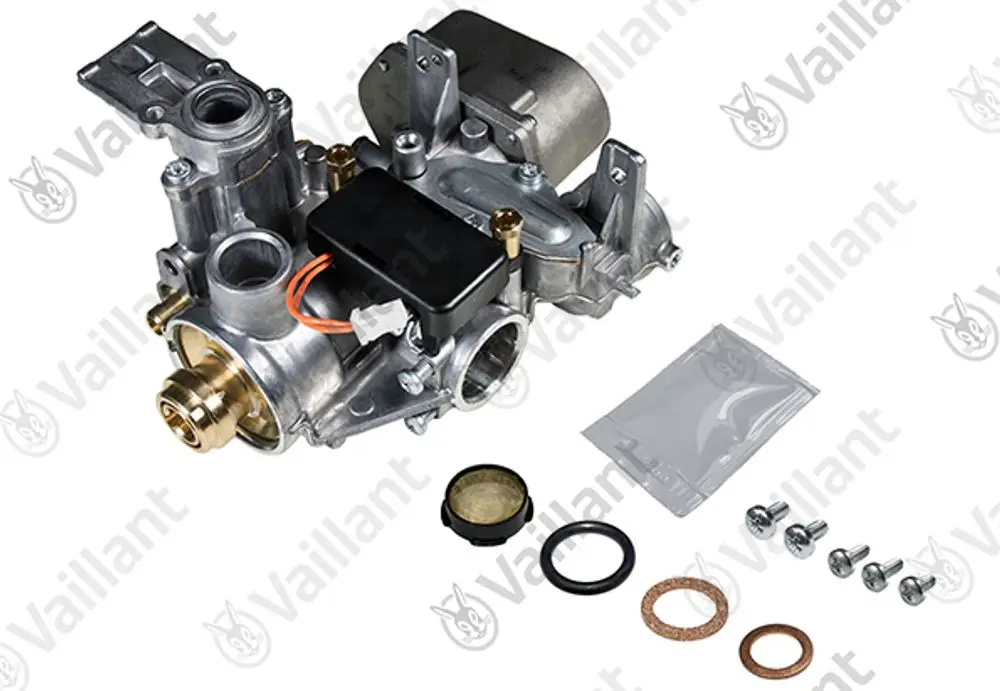 Gasarmatur von Vaillant mit mehreren Anschlussanschlägen, einem Gehäuse aus Metall und Zubehörteilen wie Dichtungen und Schrauben.